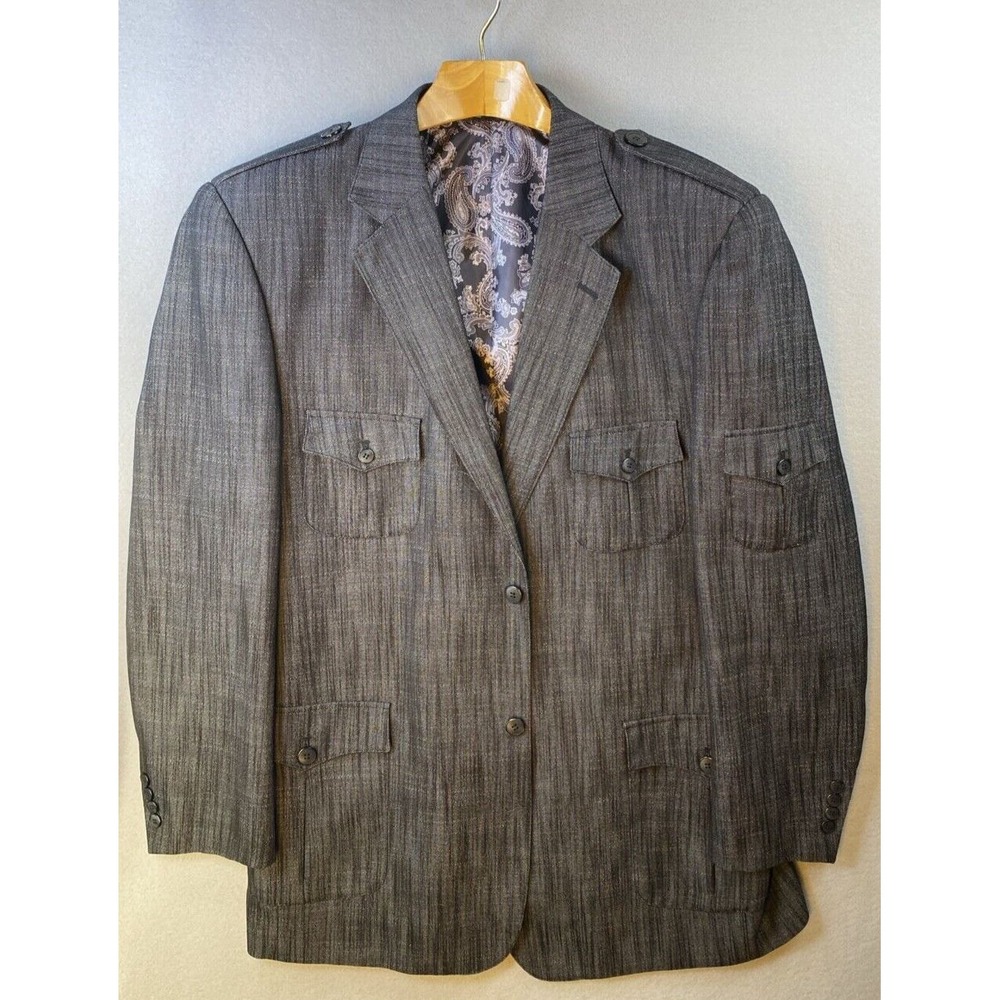 Blu Martini Blazer‎ Jacket Mens 46 L Gray Hipster Military Safari Paisley Liner